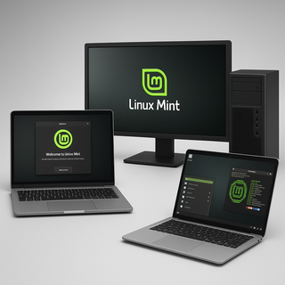 Desktop, Laptop und MacBook mit Linux Mint Logo — Geräte-Konfiguration durch TechPrax